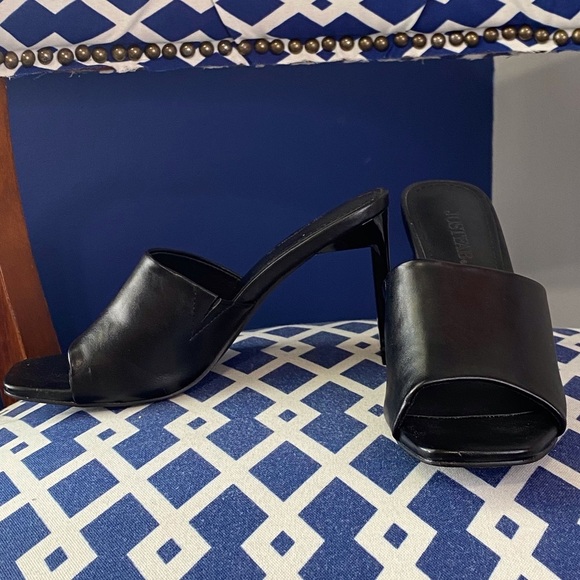 Black high heel open toe slide mules sandals Sz 6.5 Justfab - Picture 1 of 6